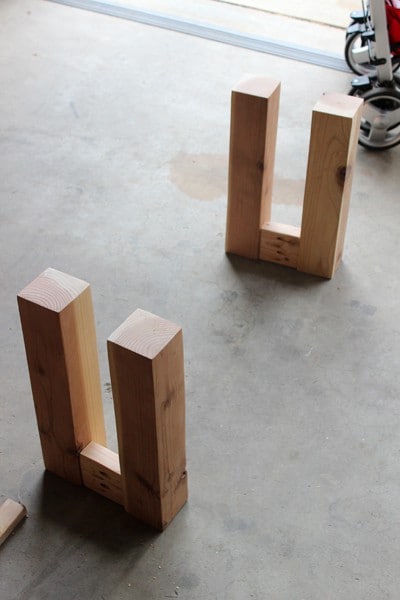 legs of wooden bench made from 4x4 and 2x4