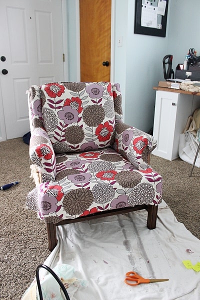 Reupholstered Chair with new purple flower fabric