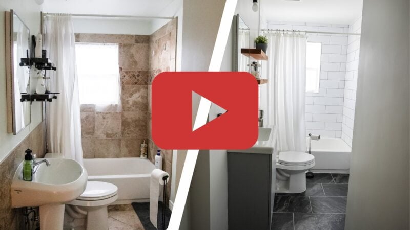 Before and After of bathroom tile project with youtube overlay