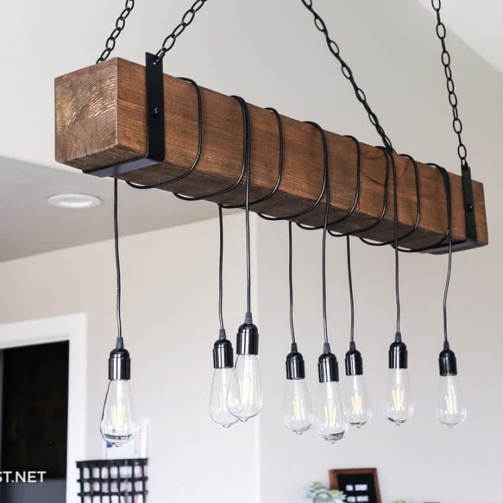 Diy Farmhouse Wood Beam Chandelier Twofeetfirst - Hanging Lights From Ceiling Beams
