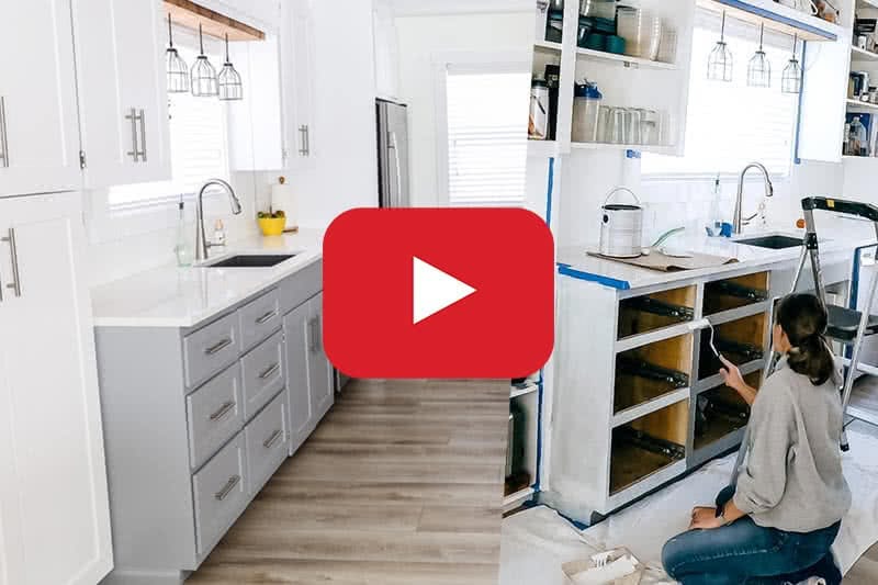 play button for video about repainting kitchen cabinets