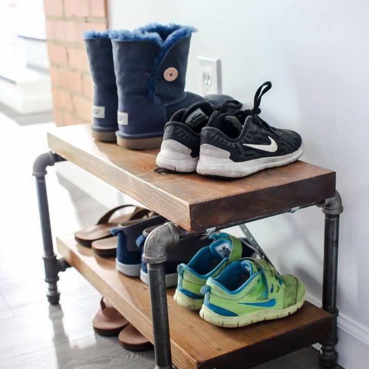 DIY Industrial Shoe Rack with pipe and wood - TwoFeetFirst