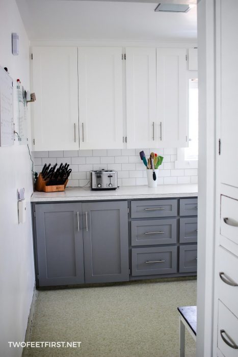 updated white and grey kitchen cabinets